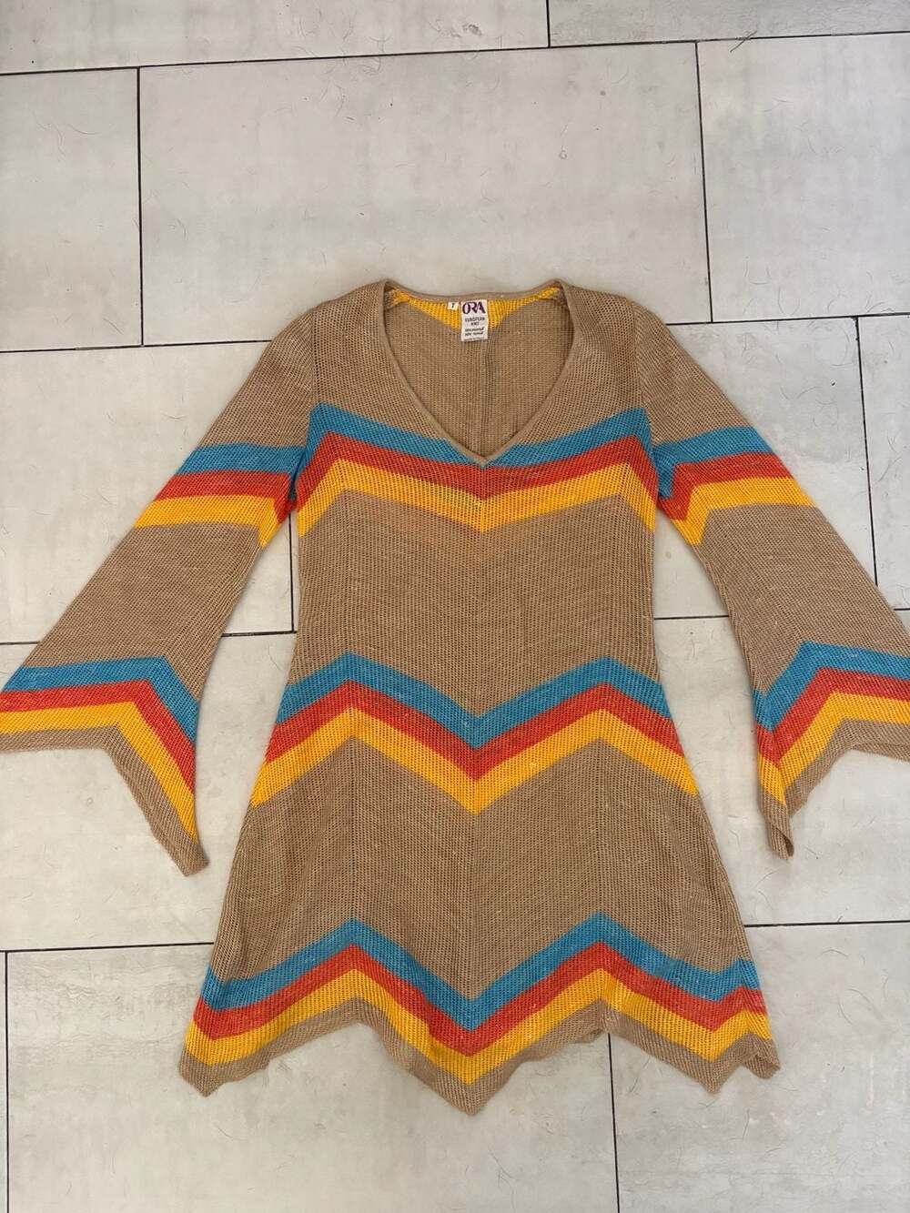ORA European Knit Vintage 70s Chevron Striped Knit Bell Sleeve Dress Size 7